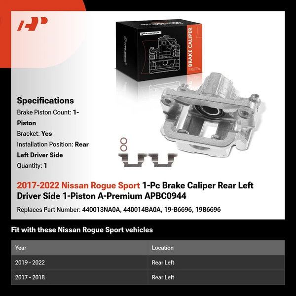 2017-2022 Nissan Rogue Sport 1-Pc Brake Caliper Rear Left Driver Side 1-Piston A-Premium APBC0944