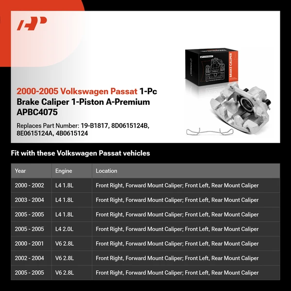 2000-2005 Volkswagen Passat 1-Pc Brake Caliper 1-Piston A-Premium APBC4075