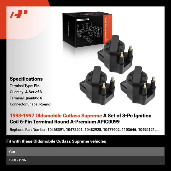 1993-1997 Oldsmobile Cutlass Supreme A Set of 3-Pc Ignition Coil 6-Pin Terminal Round A-Premium APIC0099