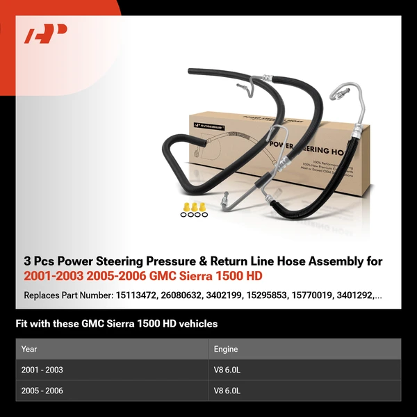 3 Pcs Power Steering Pressure & Return Line Hose Assembly for 2001-2003 2005-2006 GMC Sierra 1500 HD