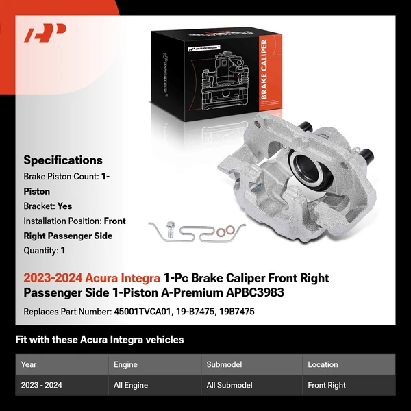 2023-2024 Acura Integra 1-Pc Brake Caliper Front Right Passenger Side 1-Piston A-Premium APBC3983