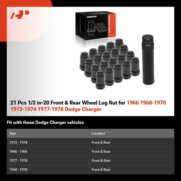 21 Pcs 1/2 in-20 Front & Rear Wheel Lug Nut for 1966 1968-1970 1973-1974 1977-1978 Dodge Charger