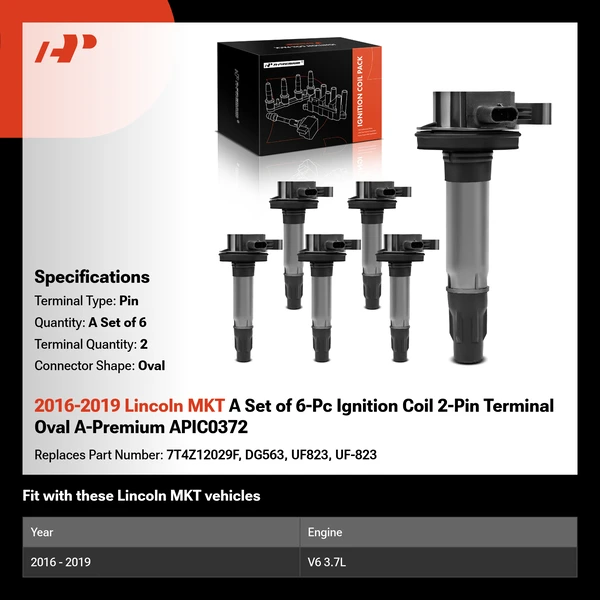 2016-2019 Lincoln MKT A Set of 6-Pc Ignition Coil 2-Pin Terminal Oval A-Premium APIC0372