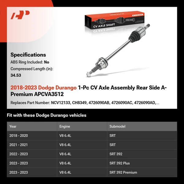 2018-2023 Dodge Durango 1-Pc CV Axle Assembly Rear Side A-Premium APCVA3512