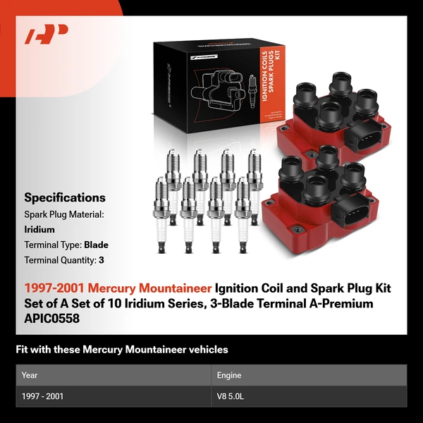 1997-2001 Mercury Mountaineer Ignition Coil and Spark Plug Kit Set of A Set of 10 Iridium Series, 3-Blade Terminal A-Premium APIC0558