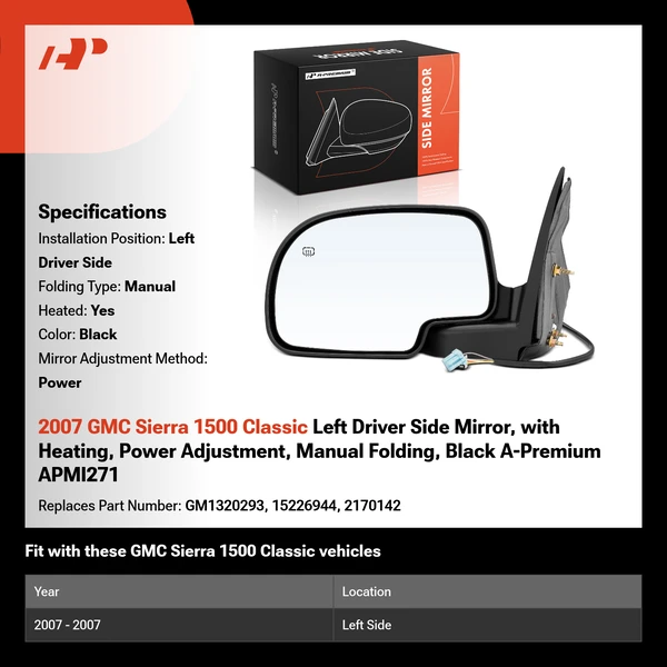 2007 GMC Sierra 1500 Classic Left Driver Side Mirror, with Heating, Power Adjustment, Manual Folding, Black A-Premium APMI271
