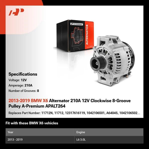 2013-2019 BMW X6 Alternator 210A 12V Clockwise 8-Groove Pulley A-Premium APALT264