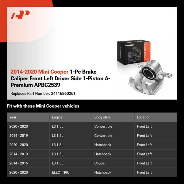 2014-2020 Mini Cooper 1-Pc Brake Caliper Front Left Driver Side 1-Piston A-Premium APBC2539