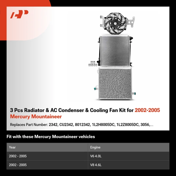 3 Pcs Radiator & AC Condenser & Cooling Fan Kit for 2002-2005 Mercury Mountaineer