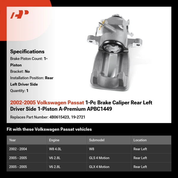 2002-2005 Volkswagen Passat 1-Pc Brake Caliper Rear Left Driver Side 1-Piston A-Premium APBC1449