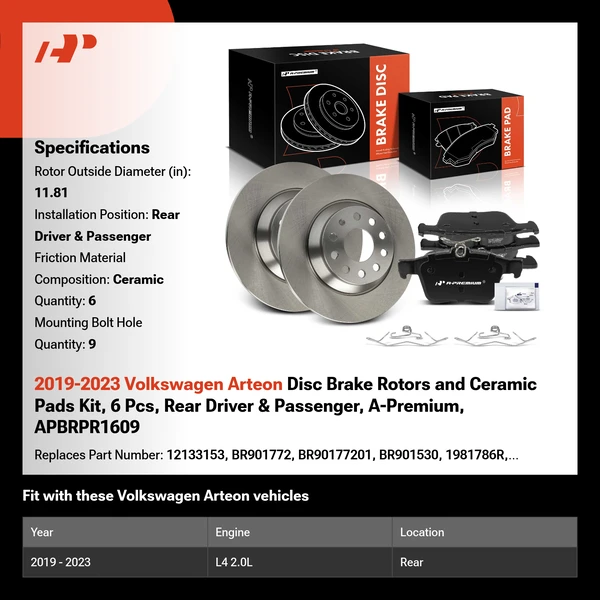 2019-2023 Volkswagen Arteon Disc Brake Rotors and Ceramic Pads Kit, 6 Pcs, Rear Driver & Passenger, A-Premium, APBRPR1609