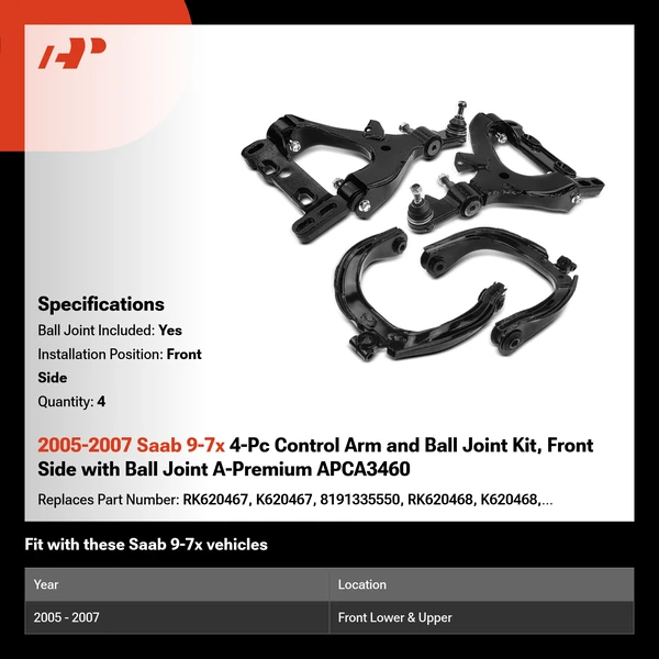 2005-2007 Saab 9-7x 4-Pc Control Arm and Ball Joint Kit, Front Side with Ball Joint A-Premium APCA3460