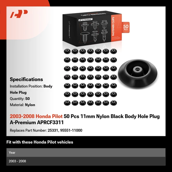 2003-2008 Honda Pilot 50 Pcs 11mm Nylon Black Body Hole Plug A-Premium APRCF3311