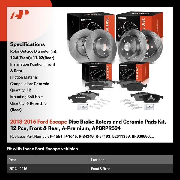 2013-2016 Ford Escape Disc Brake Rotors and Ceramic Pads Kit, 12 Pcs, Front & Rear, A-Premium, APBRPR594