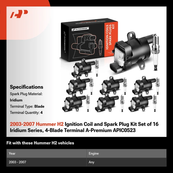 2003-2007 Hummer H2 Ignition Coil and Spark Plug Kit Set of 16 Iridium Series, 4-Blade Terminal A-Premium APIC0523