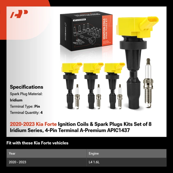 2020-2023 Kia Forte Ignition Coils & Spark Plugs Kits Set of 8 Iridium Series, 4-Pin Terminal A-Premium APIC1437