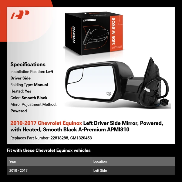 2010-2017 Chevrolet Equinox Left Driver Side Mirror, Powered, with Heated, Smooth Black A-Premium APMI810