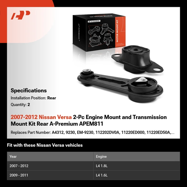2007-2012 Nissan Versa 2-Pc Engine Mount and Transmission Mount Kit Rear A-Premium APEM811