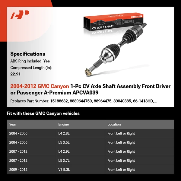 2004-2012 GMC Canyon 1-Pc CV Axle Shaft Assembly Front Driver or Passenger A-Premium APCVA039