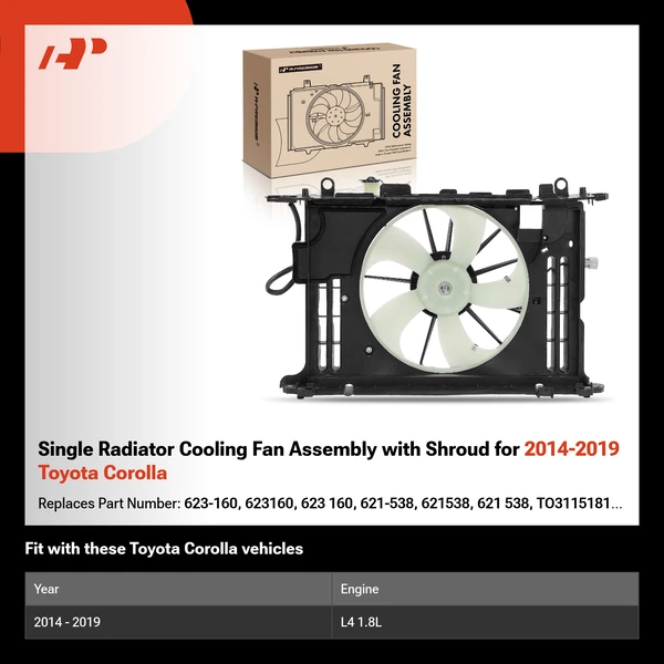 Single Radiator Cooling Fan Assembly with Shroud for 2014-2019 Toyota Corolla