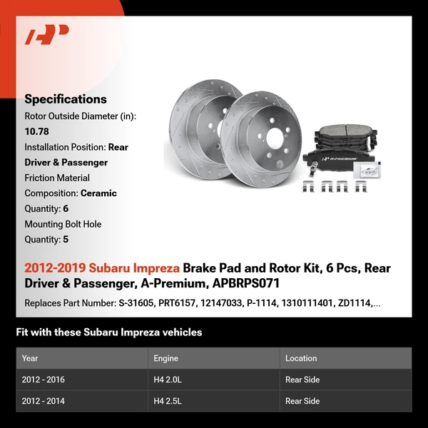 2012-2019 Subaru Impreza Brake Pad and Rotor Kit, 6 Pcs, Rear Driver & Passenger, A-Premium, APBRPS071