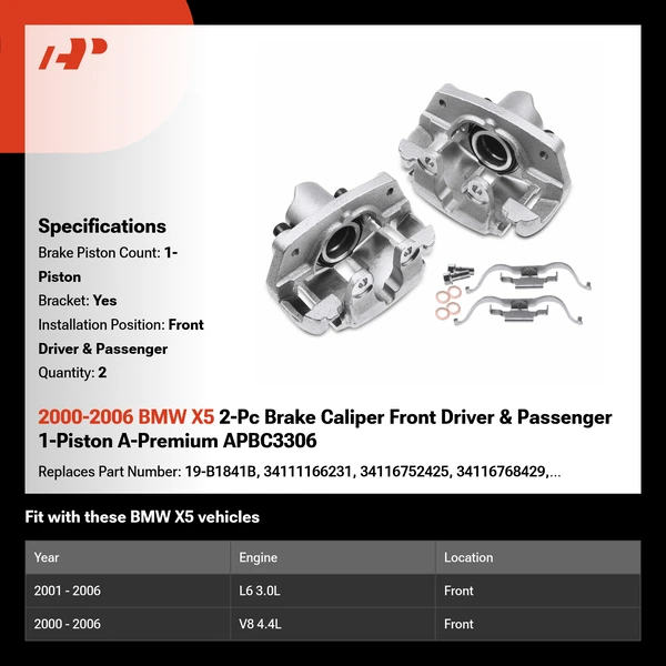2000-2006 BMW X5 2-Pc Brake Caliper Front Driver & Passenger 1-Piston A-Premium APBC3306