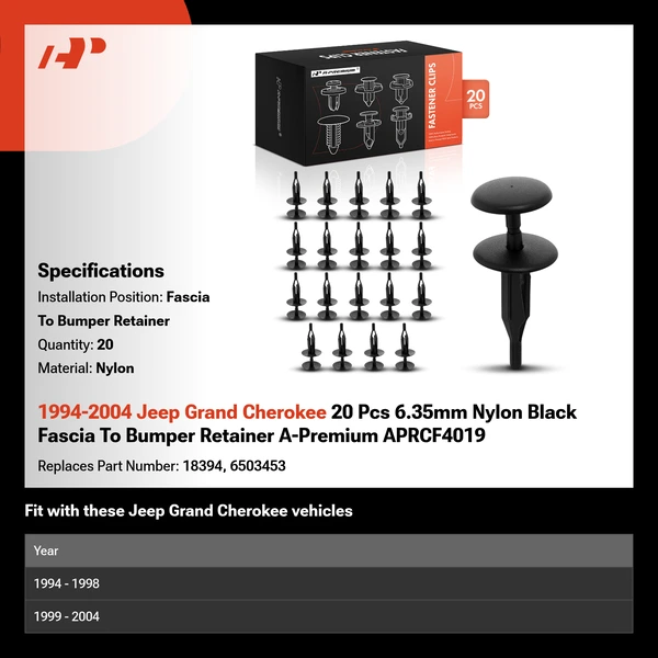1994-2004 Jeep Grand Cherokee 20 Pcs 6.35mm Nylon Black Fascia To Bumper Retainer A-Premium APRCF4019
