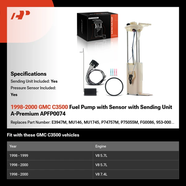 1998-2000 GMC C3500 Fuel Pump with Sensor with Sending Unit A-Premium APFP0074