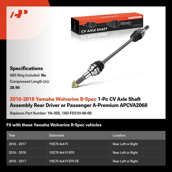 2016-2018 Yamaha Wolverine R-Spec 1-Pc CV Axle Shaft Assembly Rear Driver or Passenger A-Premium APCVA2068