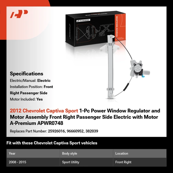 2012 Chevrolet Captiva Sport 1-Pc Power Window Regulator and Motor Assembly Front Right Passenger Side Electric with Motor A-Premium APWR0748