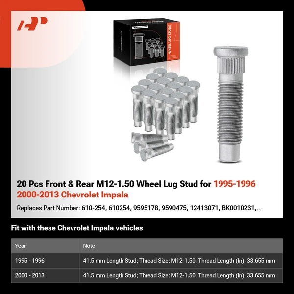 20 Pcs Front & Rear M12-1.50 Wheel Lug Stud for 1995-1996 2000-2013 Chevrolet Impala