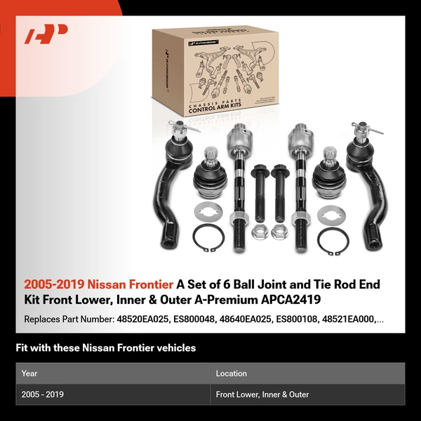 2005-2019 Nissan Frontier A Set of 6 Ball Joint and Tie Rod End Kit Front Lower, Inner & Outer A-Premium APCA2419