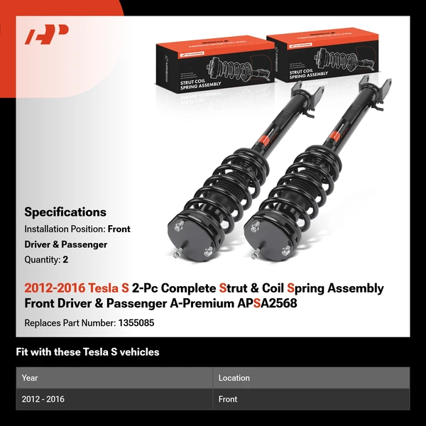 2012-2016 Tesla S 2-Pc Complete Strut & Coil Spring Assembly Front Driver & Passenger A-Premium APSA2568