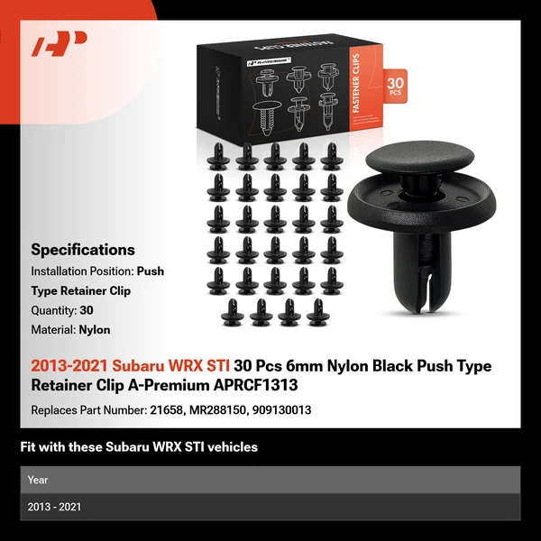 2013-2021 Subaru WRX STI 30 Pcs 6mm Nylon Black Push Type Retainer Clip A-Premium APRCF1313