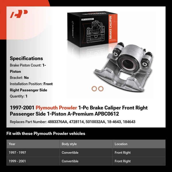 1997-2001 Plymouth Prowler 1-Pc Brake Caliper Front Right Passenger Side 1-Piston A-Premium APBC0612