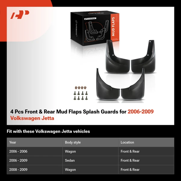4 Pcs Front & Rear Mud Flaps Splash Guards for 2006-2009 Volkswagen Jetta