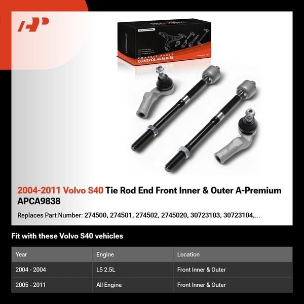 2004-2011 Volvo S40 Tie Rod End Front Inner & Outer A-Premium APCA9838