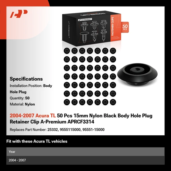 2004-2007 Acura TL 50 Pcs 15mm Nylon Black Body Hole Plug A-Premium APRCF3314