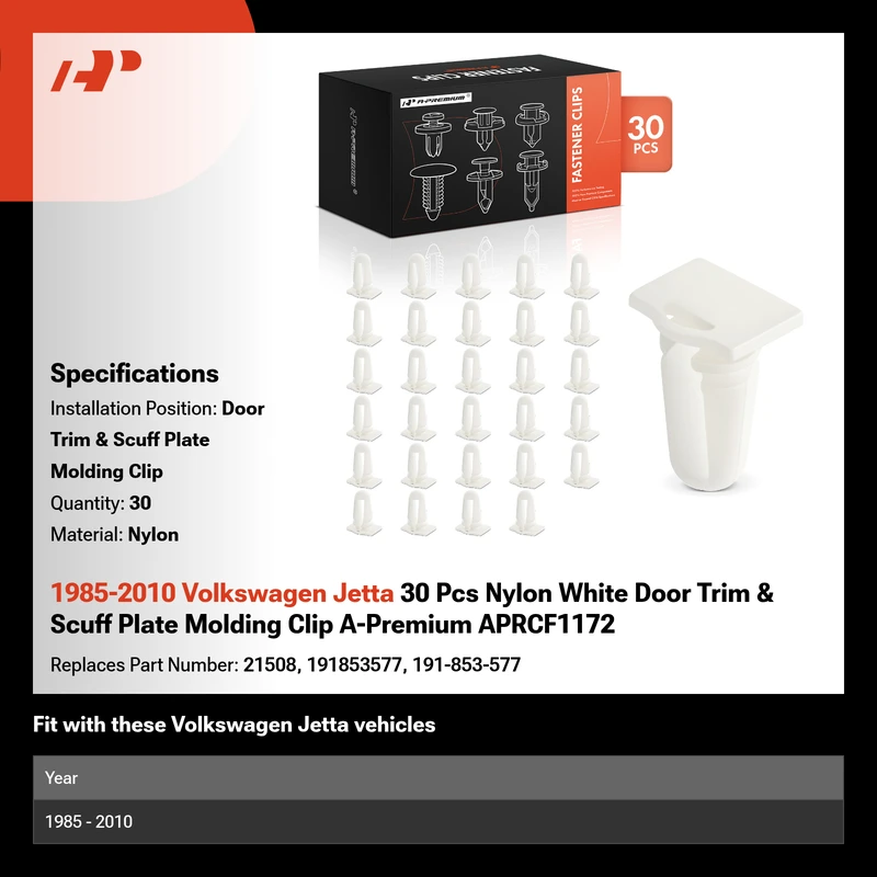 1985-2010 Volkswagen Jetta 30 Pcs Nylon White Door Trim & Scuff Plate Molding Clip A-Premium APRCF1172