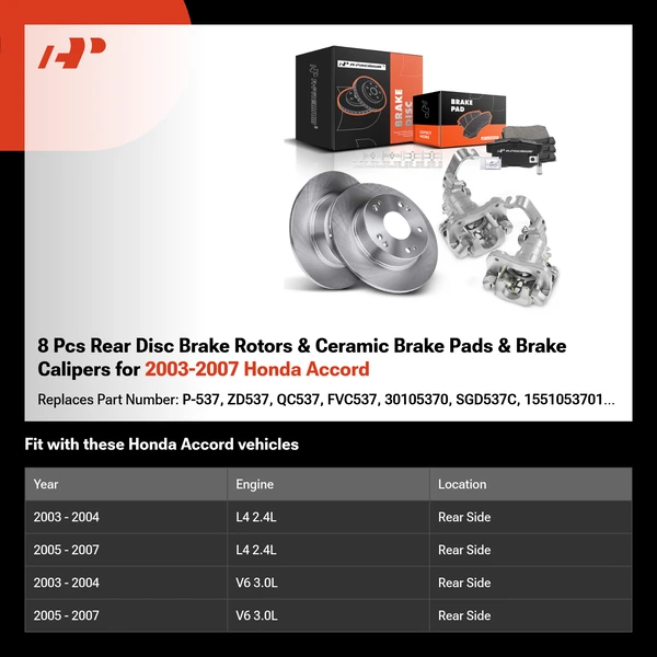 8 Pcs Rear Disc Brake Rotors & Ceramic Brake Pads & Brake Calipers for 2003-2007 Honda Accord