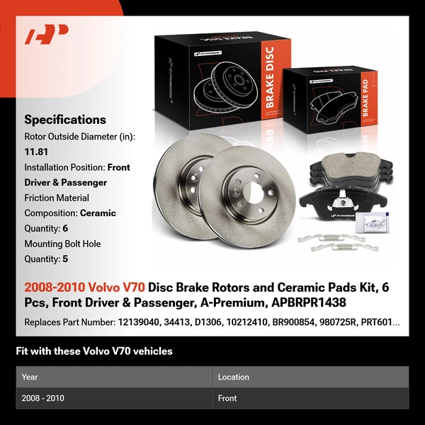 2008-2010 Volvo V70 Disc Brake Rotors and Ceramic Pads Kit, 6 Pcs, Front Driver & Passenger, A-Premium, APBRPR1438