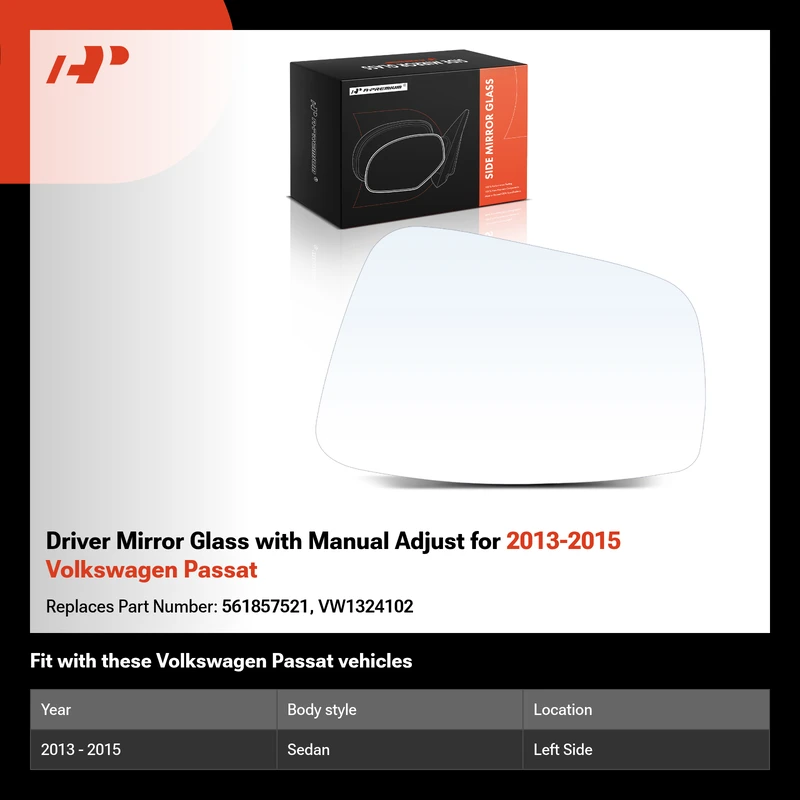 Driver Mirror Glass with Manual Adjust for 2013-2015 Volkswagen Passat