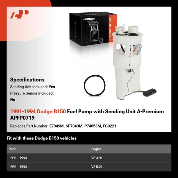 1991-1994 Dodge B150 Fuel Pump with Sending Unit A-Premium APFP0719