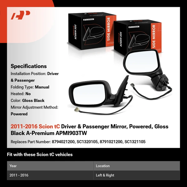 2011-2016 Scion tC Driver & Passenger Mirror, Powered, Gloss Black A-Premium APMI903TW