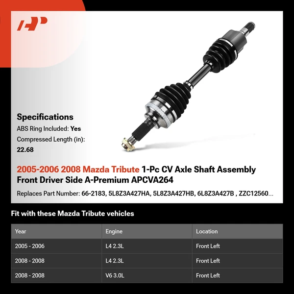 2005-2006 2008 Mazda Tribute 1-Pc CV Axle Shaft Assembly Front Driver Side A-Premium APCVA264