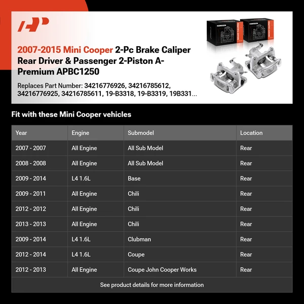 2007-2015 Mini Cooper 2-Pc Brake Caliper Rear Driver & Passenger 2-Piston A-Premium APBC1250
