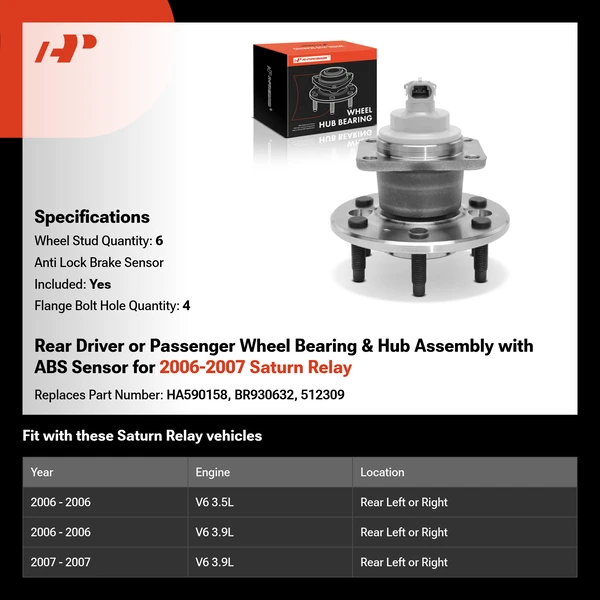 Rear Driver or Passenger Wheel Bearing & Hub Assembly with ABS Sensor for 2006-2007 Saturn Relay