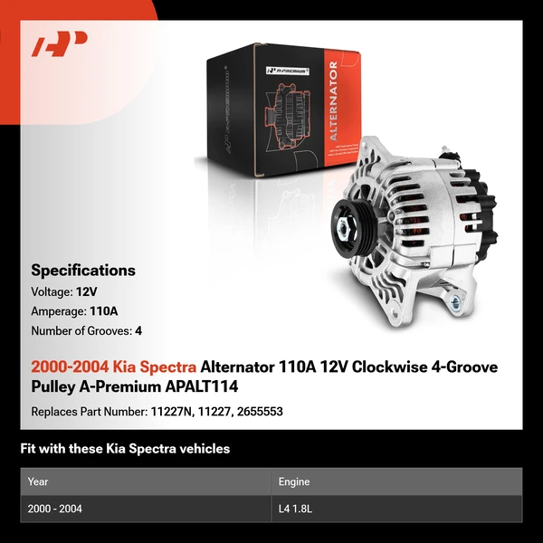 2000-2004 Kia Spectra Alternator 110A 12V Clockwise 4-Groove Pulley A-Premium APALT114