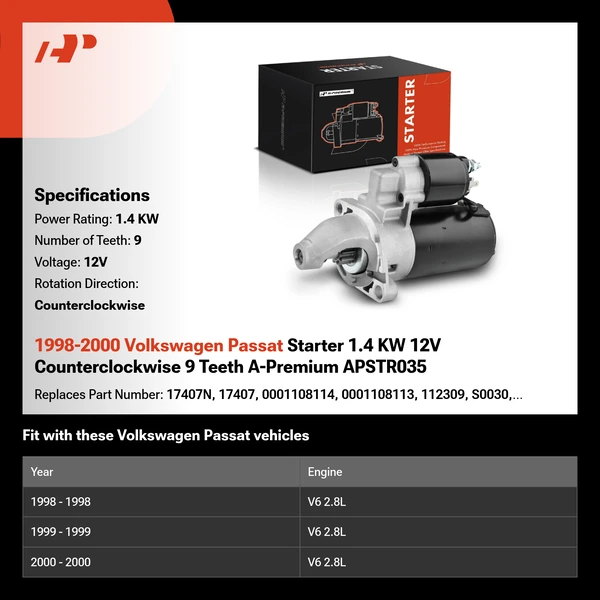 1998-2000 Volkswagen Passat Starter 1.4 KW 12V Counterclockwise 9 Teeth A-Premium APSTR035