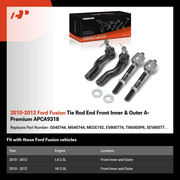 2010-2012 Ford Fusion Tie Rod End Front Inner & Outer A-Premium APCA9318